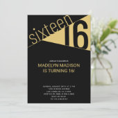 Invitation Seize | Black & Gold 16th Birthday Party (Debout devant)
