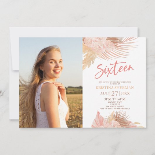Invitation Seize Boho rose Photo 16e fête d'anniversaire (Devant)