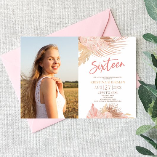 Invitation Seize Boho rose Photo 16e fête d'anniversaire