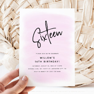 Invitation Seize Minimal Rose Aquarelle 16e Anniversaire