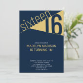 Invitation Seize | Navy Blue & Gold 16e fête d'anniversaire (Debout devant)