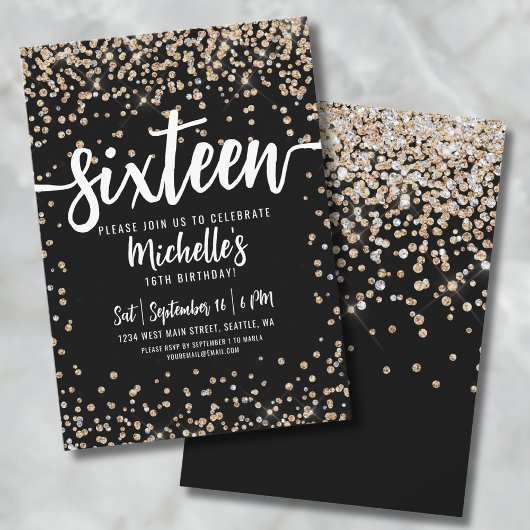 Invitation Seize Paillettes Or Noir 16e Anniversaire