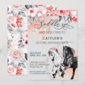 Invitation Sellez Cheval Aquarelle Fleur Rouge Noir  (Devant / Derrière)