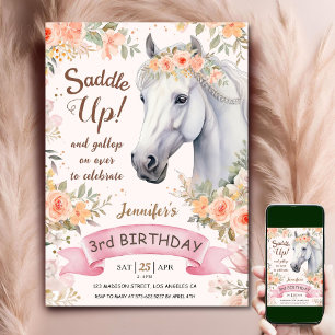 Invitation Sellez! Cheval Blanc Fleurs Roses 3e Anniversaire