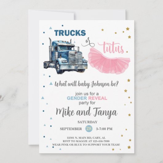 Invitation Semi Trucks or Tutus gender reveal invitation. (Devant)