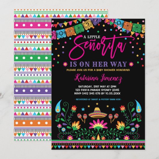 Invitation Senorita Fiesta Baby shower Floral mexicain (Devant / Derrière)