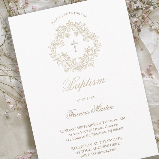 Invitation sepia beige élégante crête | Baptême