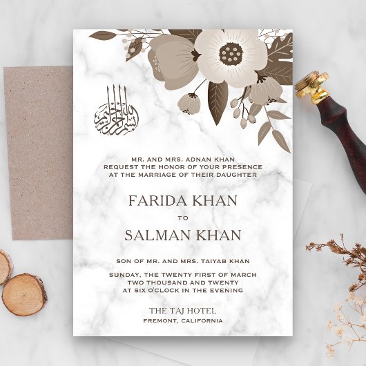 Invitation Sepia Brown Floral Marbre blanc islamique Mariage