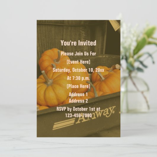 Invitation Sépia Wagon Citrouilles oranges Fête d'automne (Debout devant)