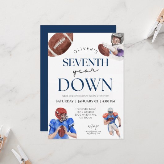 Invitation Septième année bas football thème garçon 7e annive (Devant/Arrière en situation)