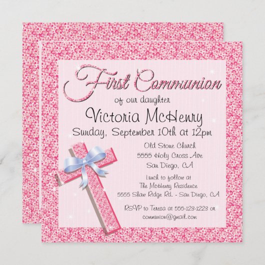 Invitation Séquence brillante rose première communion Invitat (Devant / Derrière)