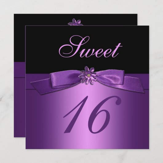 Invitation Séquence noire violette Bow (IMPRIMÉ) Sweet 16 (Devant / Derrière)