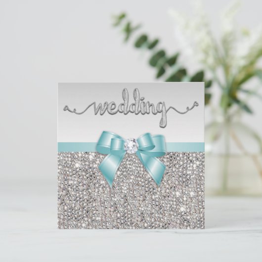 Invitation Séquences d'argent Faux Mariage de la Bow bleue Tu (Debout devant)