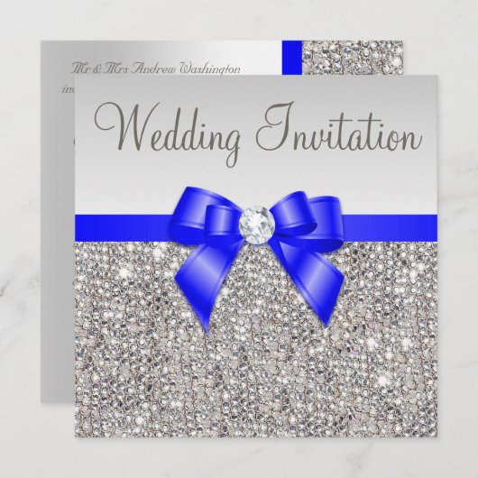 Invitation Séquences d'argent Faux Mariage Royal Blue Bow (Devant / Derrière)