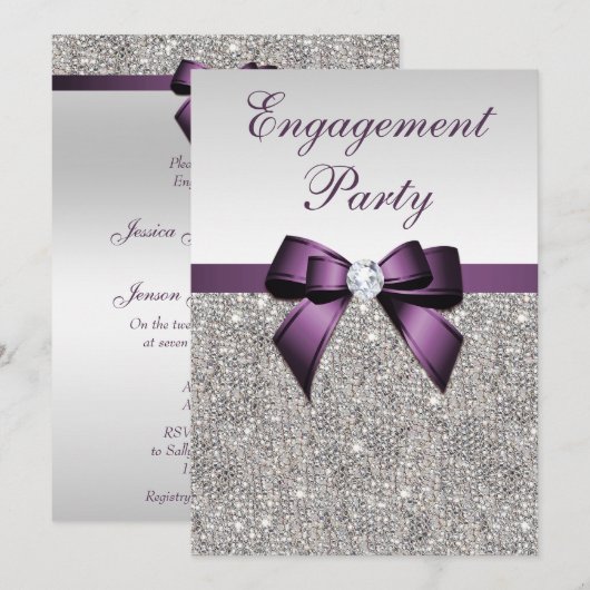 Invitation Séquences d'argent fiançailles Violet Bow (Devant / Derrière)