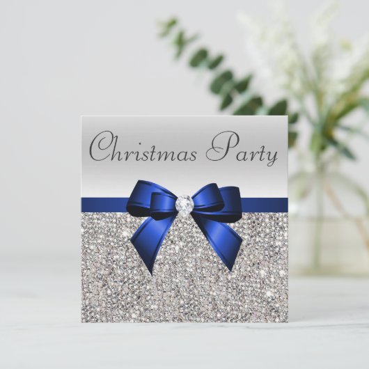Invitation Séquences d'argent Noël Party Blue Diamond Bow (Debout devant)