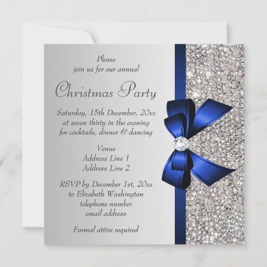 Invitation Séquences d'argent Noël Party Blue Diamond Bow (Dos)