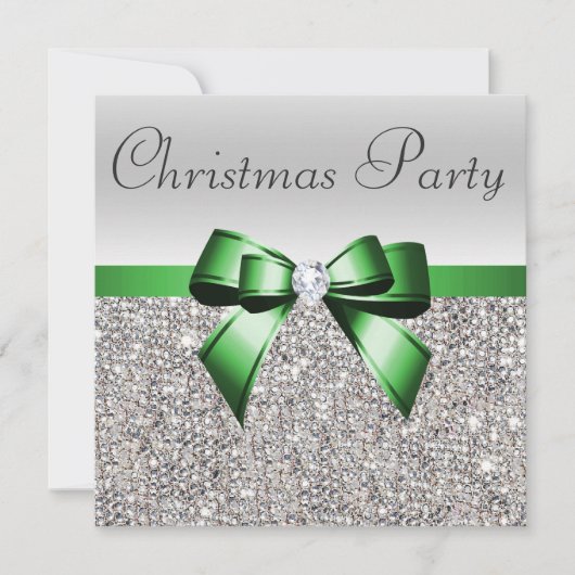 Invitation Séquences d'argent Noël Party Green Diamond Bow (Devant)