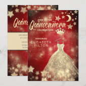 Invitation Séquences d'or étoiles lune Quinceañera rouge Invi (Devant / Derrière)