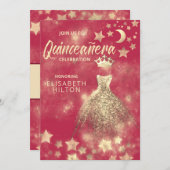 Invitation Séquences d'or robe étoiles lune Quinceañera (Devant / Derrière)