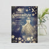Invitation Séquences d'or robe étoiles lune Quinceañera bleu (Debout devant)