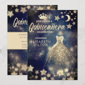 Invitation Séquences d'or robe étoiles lune Quinceañera bleu (Devant / Derrière)