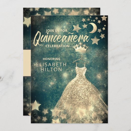 Invitation Séquences d'or robe étoiles lune Quinceañera vert (Devant / Derrière)
