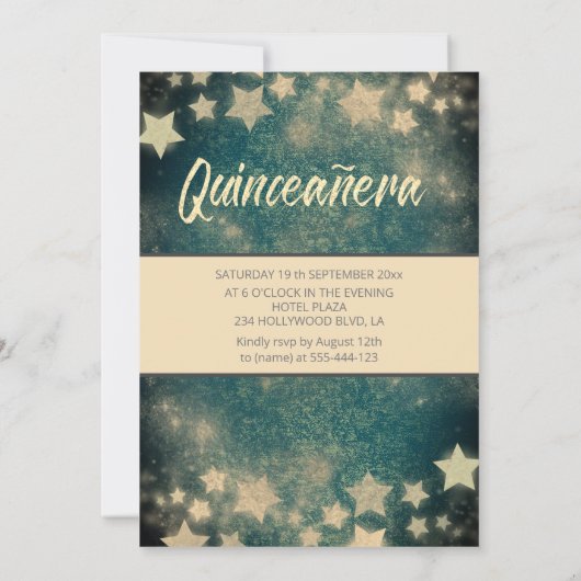 Invitation Séquences d'or robe étoiles lune Quinceañera vert (Dos)