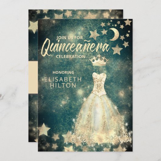 Invitation Séquences d'or robe étoiles lune Quinceañera vert (Devant / Derrière)