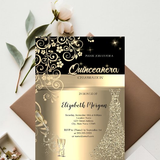 Invitation Séquences d'or Robe Verre Floral Quinceanera