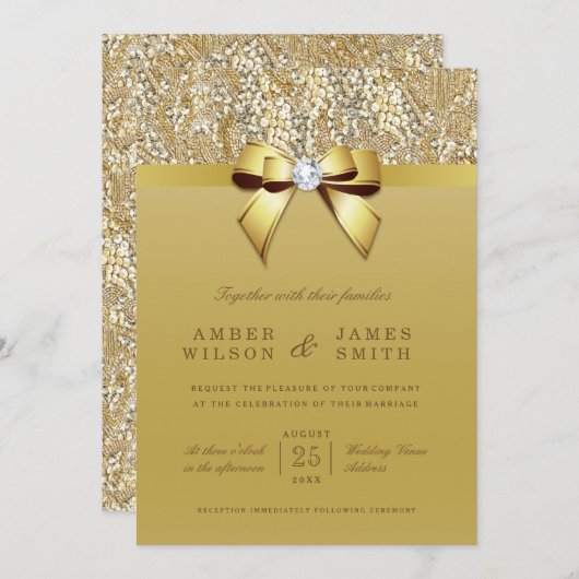 Invitation Séquences or Glam et Mariage Bow (Devant / Derrière)