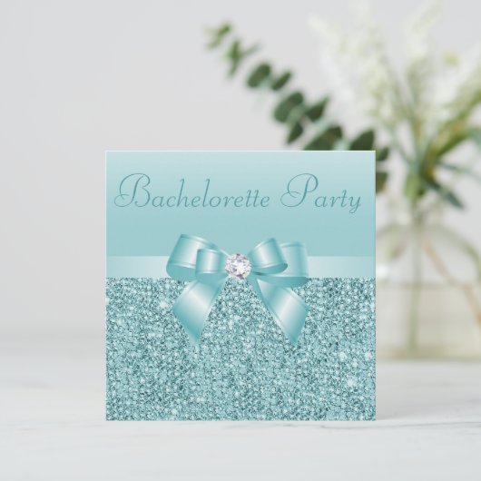 Invitation Séquences turquoises, Bachelorette Bow & Diamond (Debout devant)