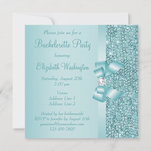 Invitation Séquences turquoises, Bachelorette Bow & Diamond (Dos)