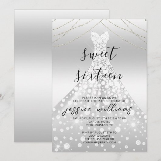 Invitation Séquin Argent Ball Gown Sweet 16 Anniversaire (Devant / Derrière)