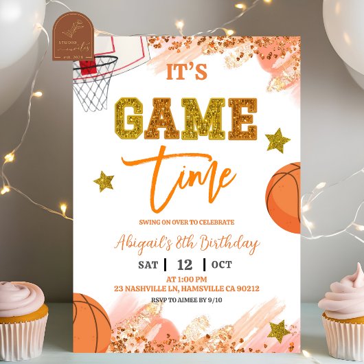 Invitation Sequin Glitter Basketball Girl birthday invit
