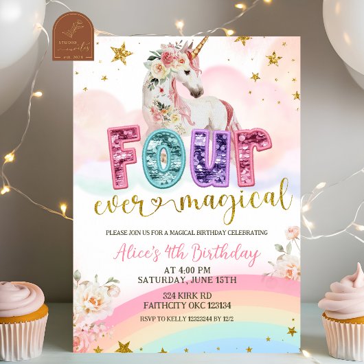 Invitation Sequin glitter Magical Unicorn 4th birthday