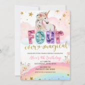 Invitation Sequin glitter Magical Unicorn 4th birthday (Devant)