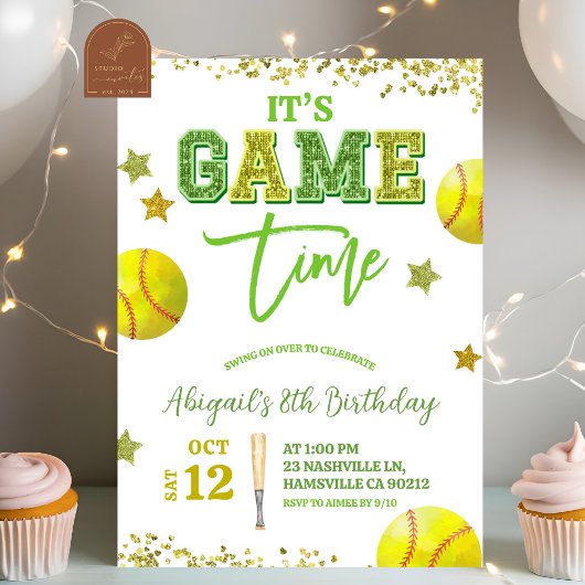 Invitation Sequin Glitter Softball Girl birthday invitat