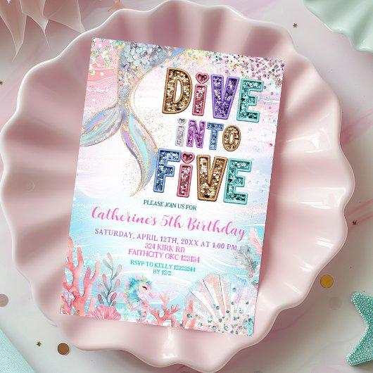 Invitation Sequin Glitters Dive into five mermaid bash Birthd