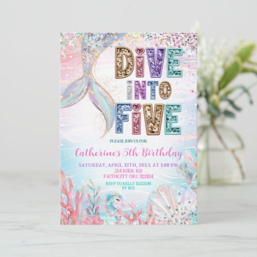 Invitation Sequin Glitters Dive into five mermaid bash Birthd (Debout devant)