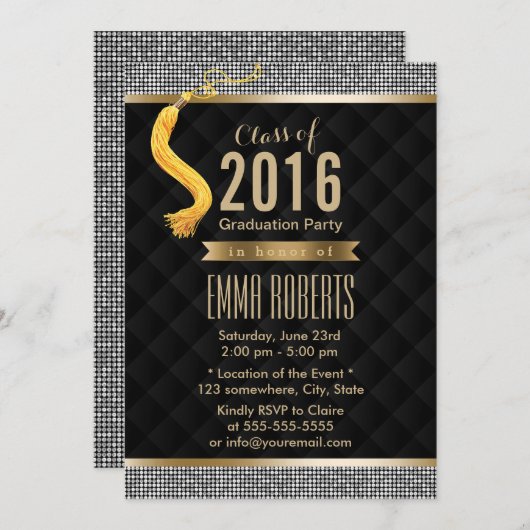 Invitation Séquin Silver de luxe Bordure Moderne Graduation (Devant / Derrière)