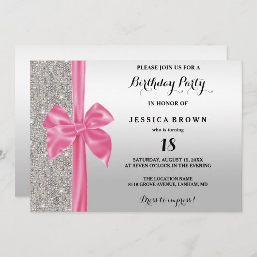 Invitation Séquines d'argent de la caverne de soie rose 18e a (Devant / Derrière)