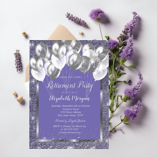 Invitation Séquines de cadre en argent Ballons Violet Retrait