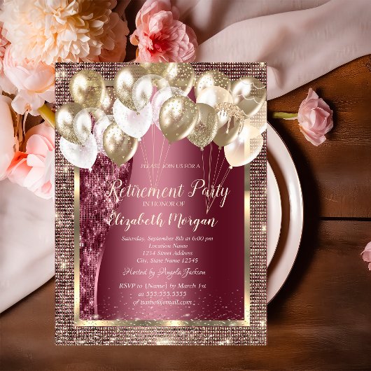 Invitation Séquines de cadres d'or Ballons Burgundy Retraite