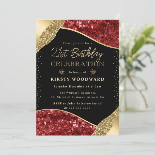 Invitation Séquines d'hiver rouge et or 21e anniversaire (Debout devant)