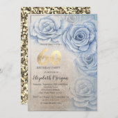 Invitation Séquines d'or Roses bleus 60e anniversaire (Devant / Derrière)