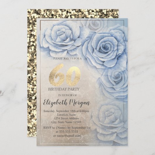 Invitation Séquines d'or Roses bleus 60e anniversaire (Devant / Derrière)