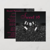 Invitation Séquines noires imprimées, sucré rose Bow & Diamon (Devant / Derrière)