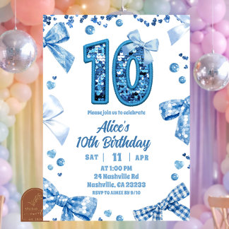 Invitation Sequins Bleu Nœud Double Chiffres Fille 10 Anniver