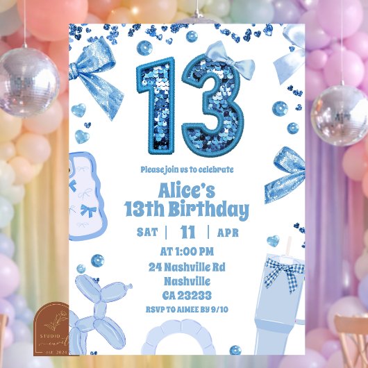 Invitation Sequins Blue Bow 13 aesthetic teenager birthday